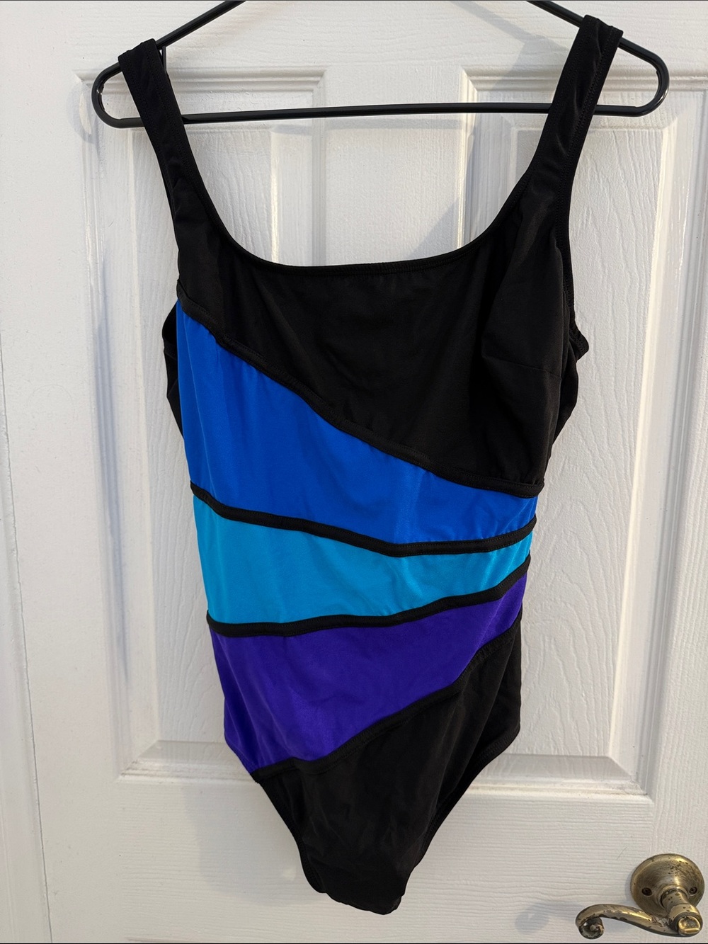EUC Size 16 Longitude Black One-Piece Swimsuit with Blue, Teal & Purple Panels